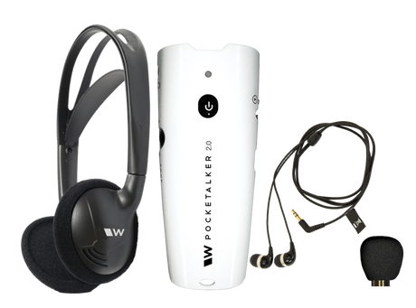 Assistive listening personal amplifier Pocketalker by Williams AV, designed to improve speech clarity for people with hearing loss in conversations, meetings, and public spaces.