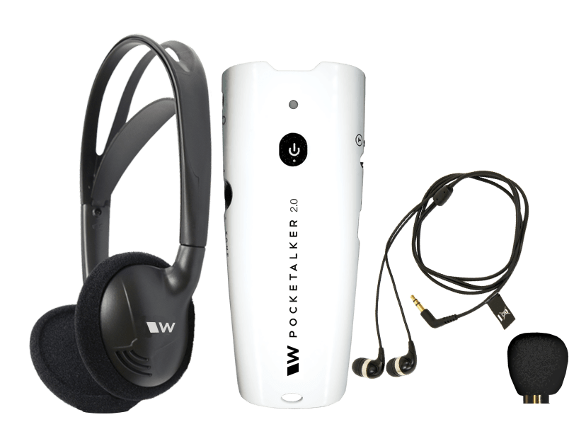 Assistive listening personal amplifier Pocketalker by Williams AV, designed to improve speech clarity for people with hearing loss in conversations, meetings, and public spaces.